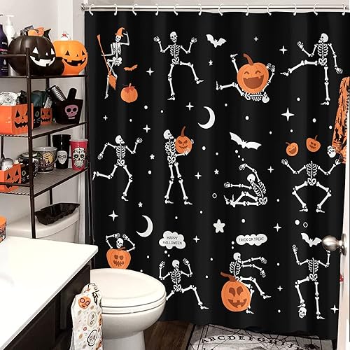 Miniatura 2 de Cortina de ducha de calavera de Halloween para baño, divertida danza de esqueleto gótico en blanco y negro, cortinas de ducha de tela impermeable,