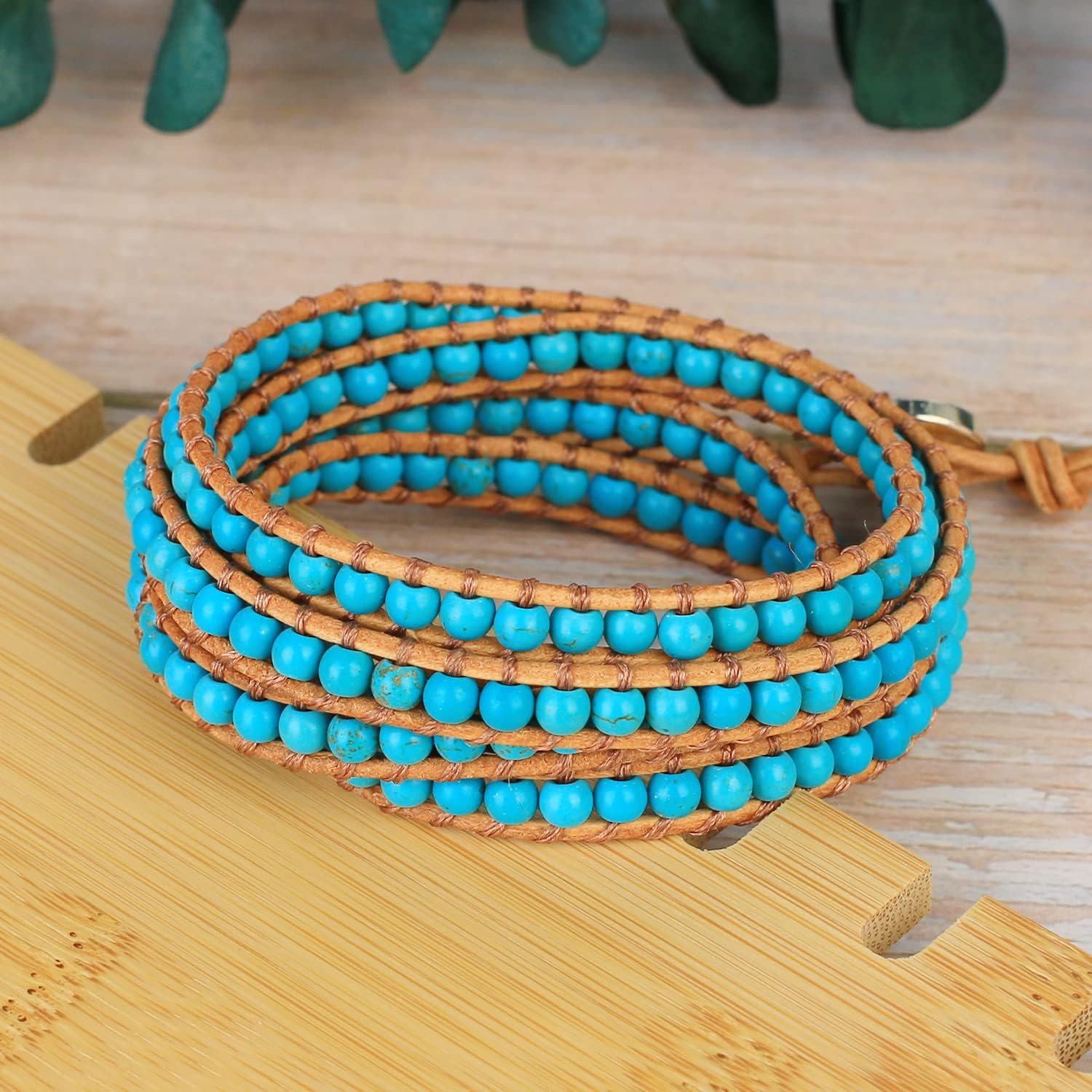 KELITCH Women Turquoise Bracelets Beaded 5 Wrap Bracelet Handmade Turquoise Leather Strand Bracelets New