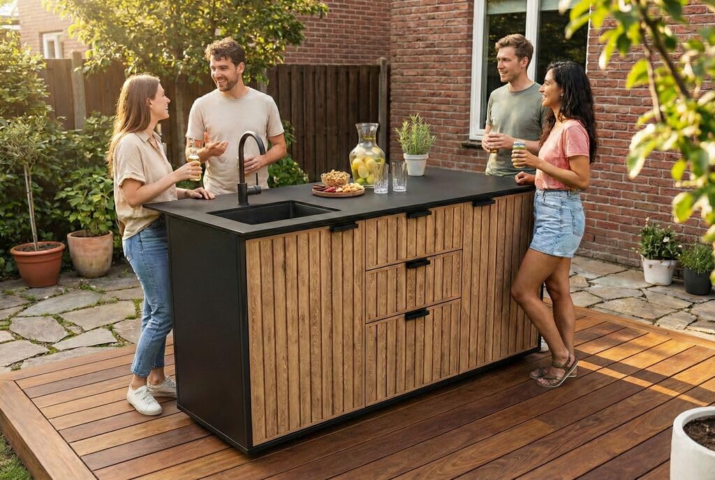 Keter Signature Compact Outdoor Küche, Venetian Braun, 168,5×85×94,8 cm, HPL-Arbeitsplatte, Wetterfest