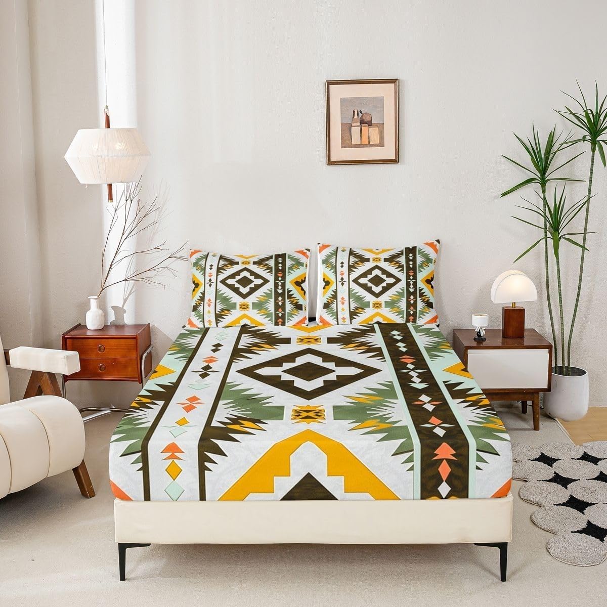 Modern American Style Fitted Sheet Bohemian Bed Sheets Deep Pocket 12 inch (30 cm) Soft Cozy 3 Piece Microfibre Bed Sheet 200x200 cm with 2 Pillowcases 50x75 cm