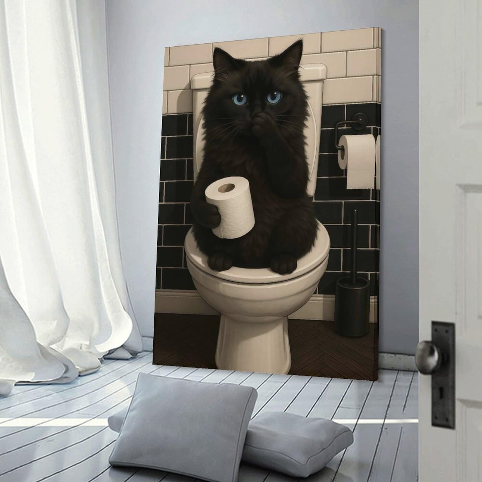 Junmoney Frame-Style-21 Decorative Wall Artwork Black Cat On Toilet With Toilet Paper, 20X30inch(50X75cm), For New Homes, Bedrooms Or Workspaces, Canvas Artwork With Gifting Potential
