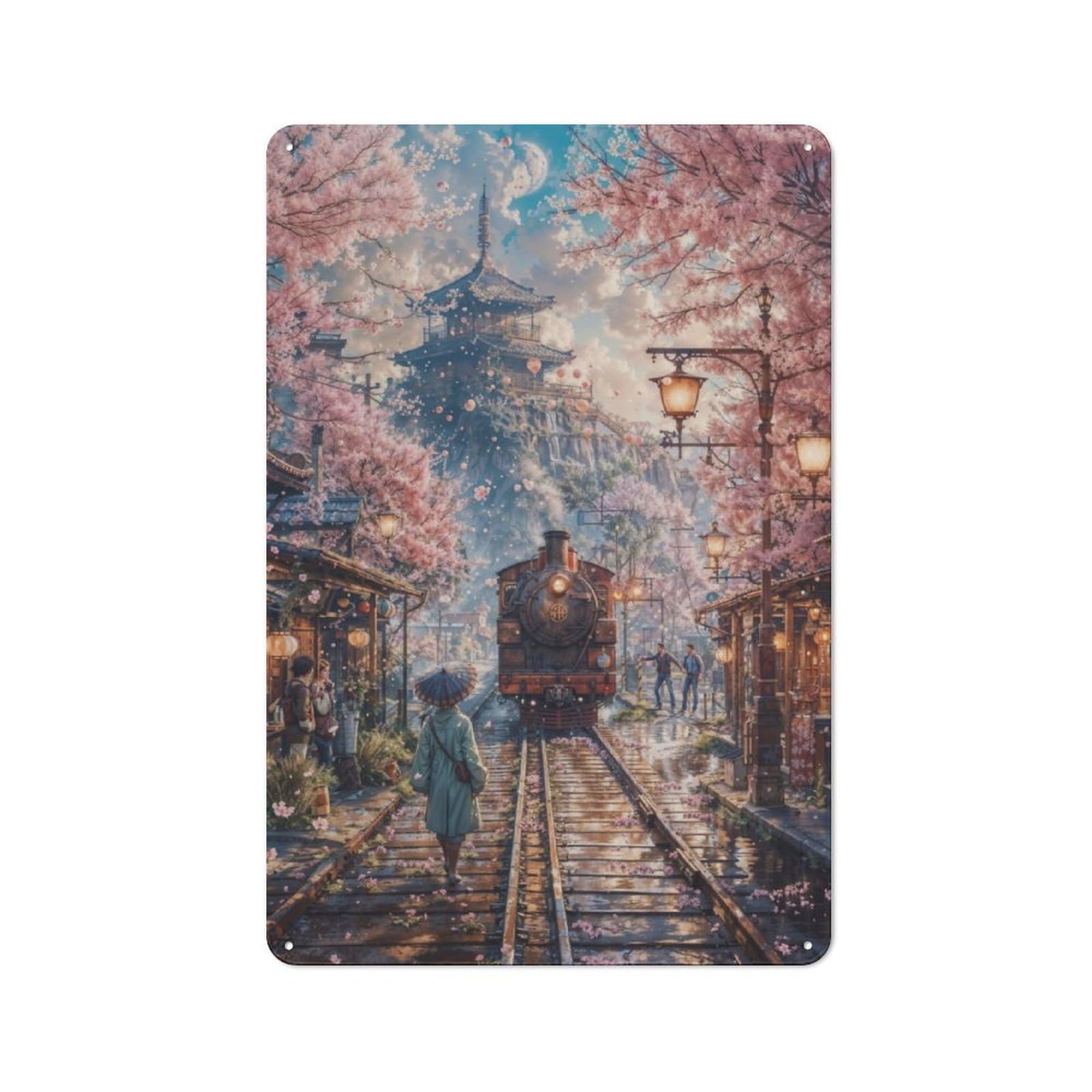 Junmoney Japan Cherry Blossom Train Tin Sign 30X20cm With For Workshop Wall, Rustic Decor, Autumn Room Decor For Fans Of Metal Wall Signs