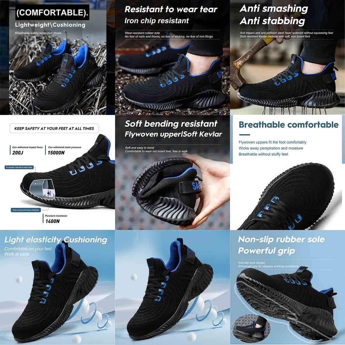 Breathable Work Safety Shoes, Anti-Smash and Anti-Puncture Labour Insurance Shoes, Anti-Slip Adventure Sneakers, Steel Toe Protection Shoes(Black-Yellow,6)