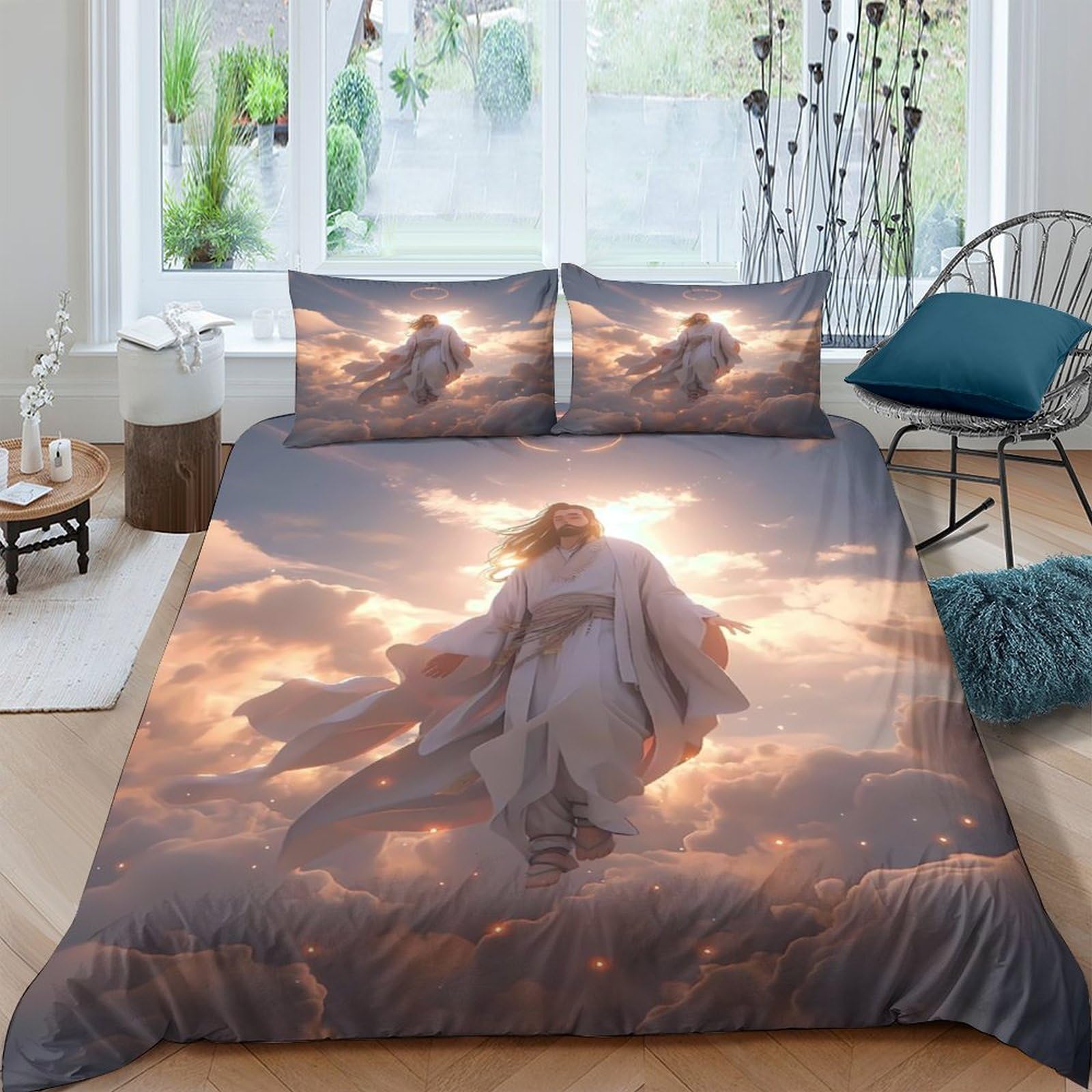 TUFRTGYHN 3D Printed Angel in Clouds Duvet Cover Set Microfiber Soft Breathable Heaven Sky Bedding with 2 Pillowcases for Bedroom Single（135x200cm）