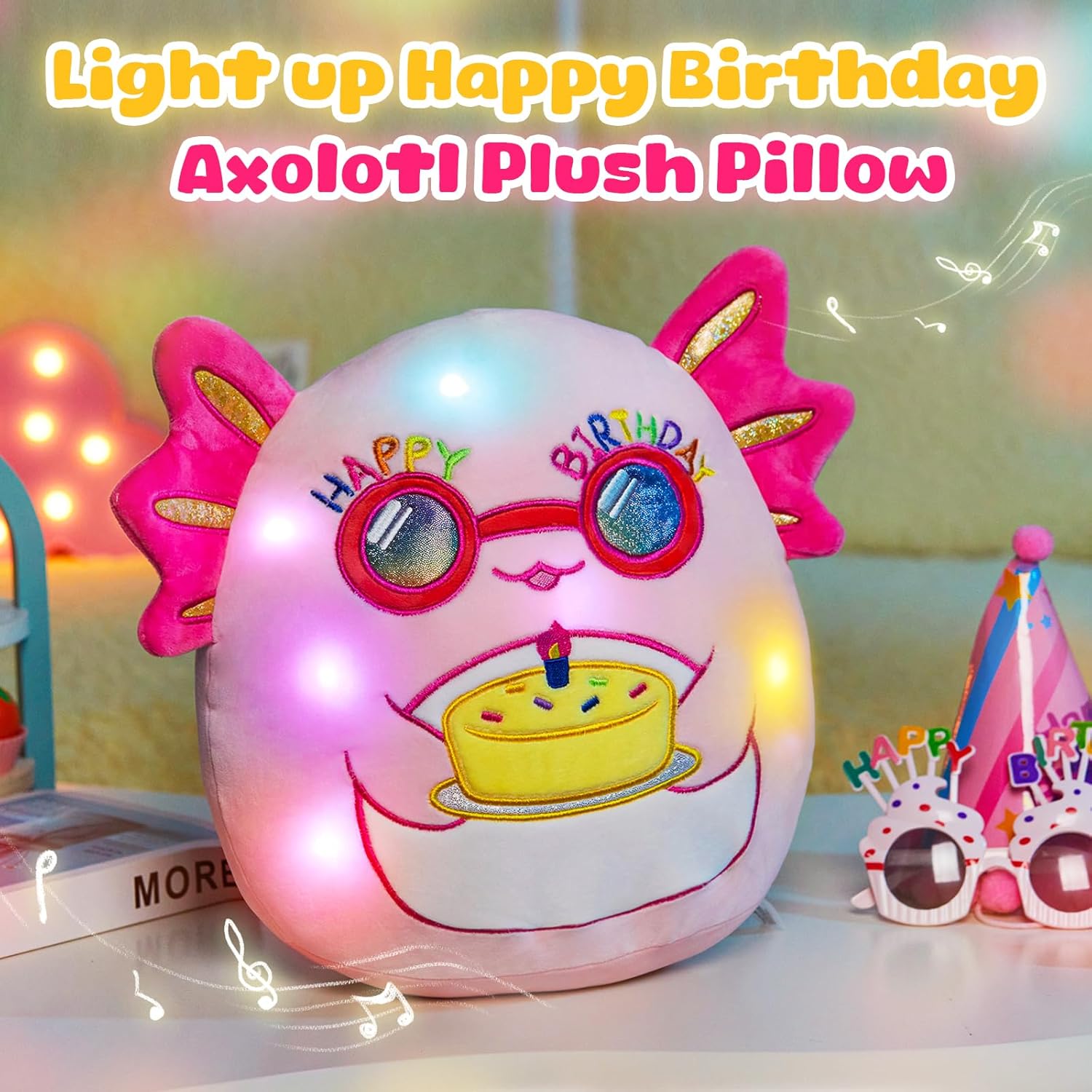 BSTAOFY Light up Music Happy Birthday Axolotl Soft Plush Stuffed Animal Axolotl Birthday Gift for Toddler Kids Girls, 12''
