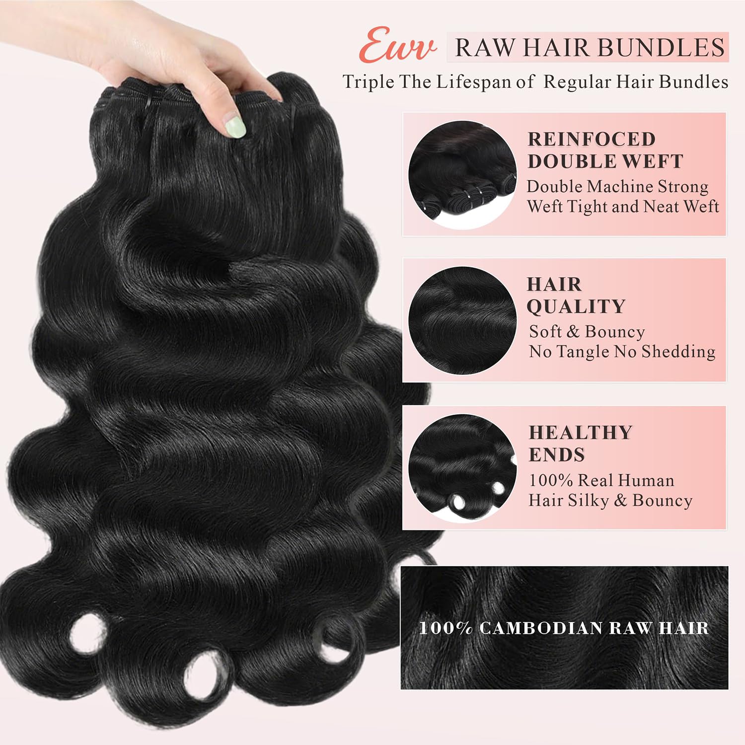Body Wave Human Hair Bundles 14 16 18 20 Inch 12A 100% Unprocessed Brazilian Virgin Hairs 4 Bundles Body Wave Human Hair Extensions Keep Texture Silky Soft Quick Weave Natural Color for Women