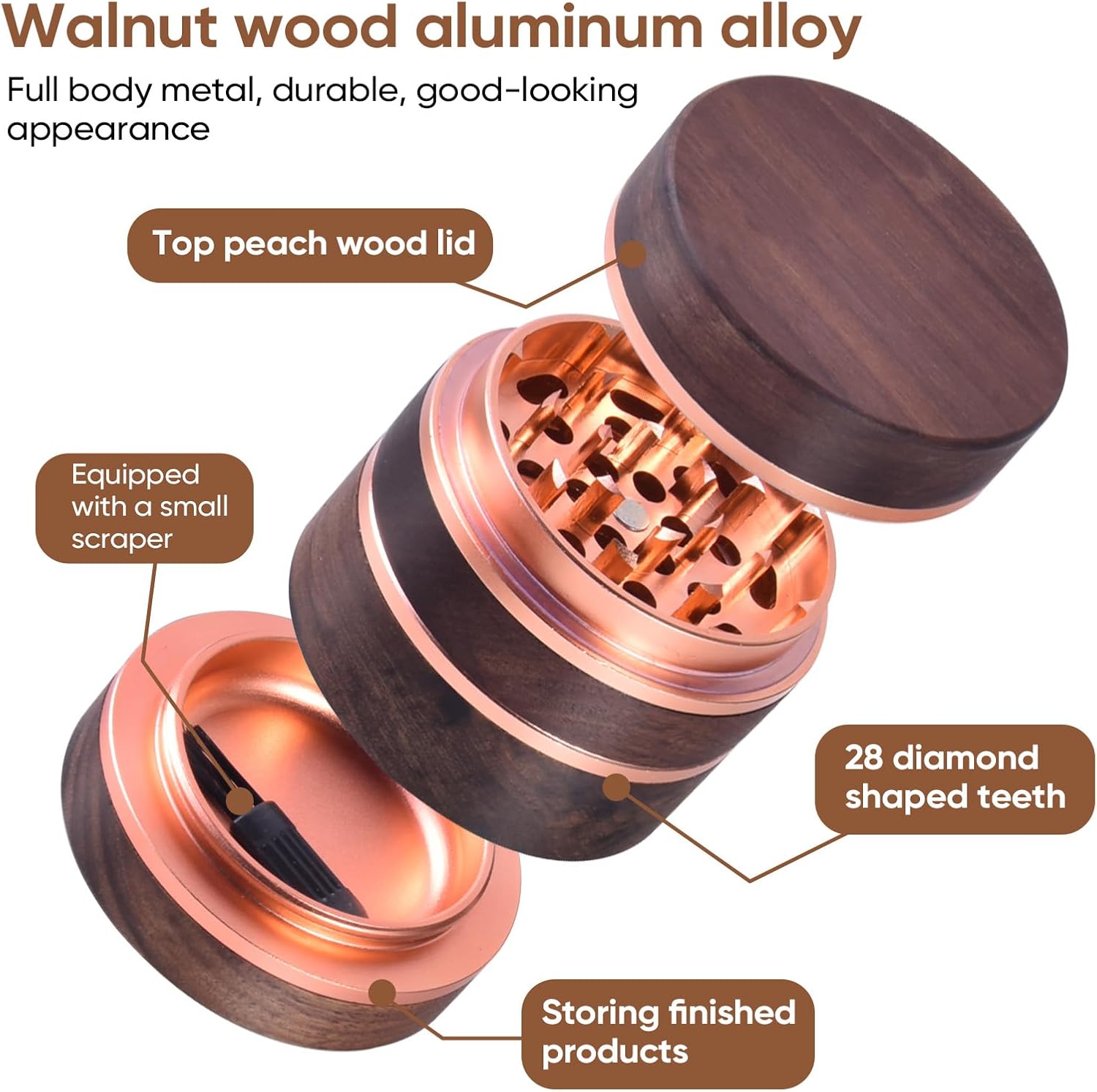 2.5" Manual Spice Grinder, Walnut Wood & Aluminum Seasoning Mill for Dry Spices, Compact Handheld Kitchen Tool (Wood Color)
