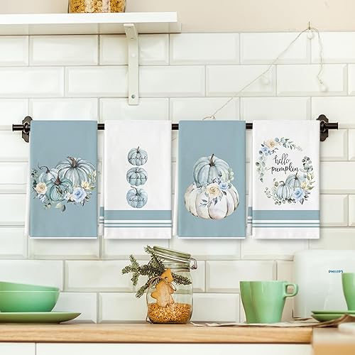 Miniatura 6 de AnyDesign Toalla de cocina de otoño, color azul y blanco, de 18 x 28 pulgadas, acuarela, Hello Pumpkin floral, toalla rústica de secado de manos