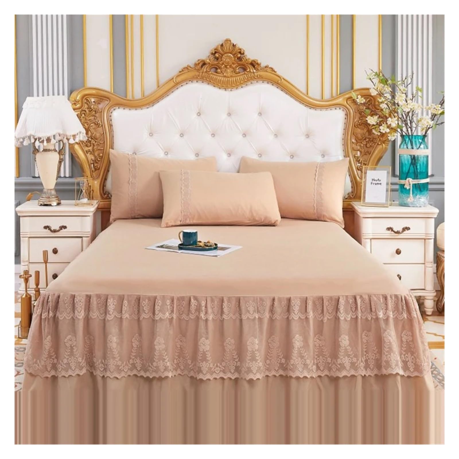 Bed Skirt Pillowcase Bed Set Ruffle Three Layers Lace Bedspreads Sheet Soft Fitted Sheet Cover(12,180x220cm 3pcs set)