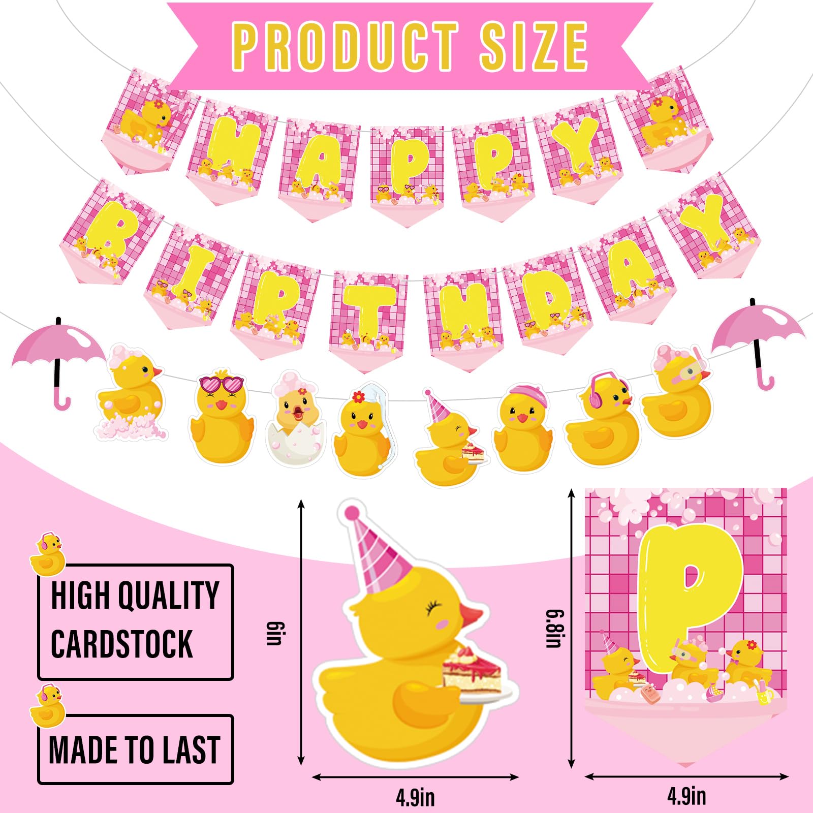 Outus 77 Pcs Pink Ducky Party Decorations Cute Duck Happy Birthday Party Accessory Include Lovely Duck String Hanging Banner Pom Pom Flowers Hanging Swirls Latex Balloons Cupcake Topper for Birthday