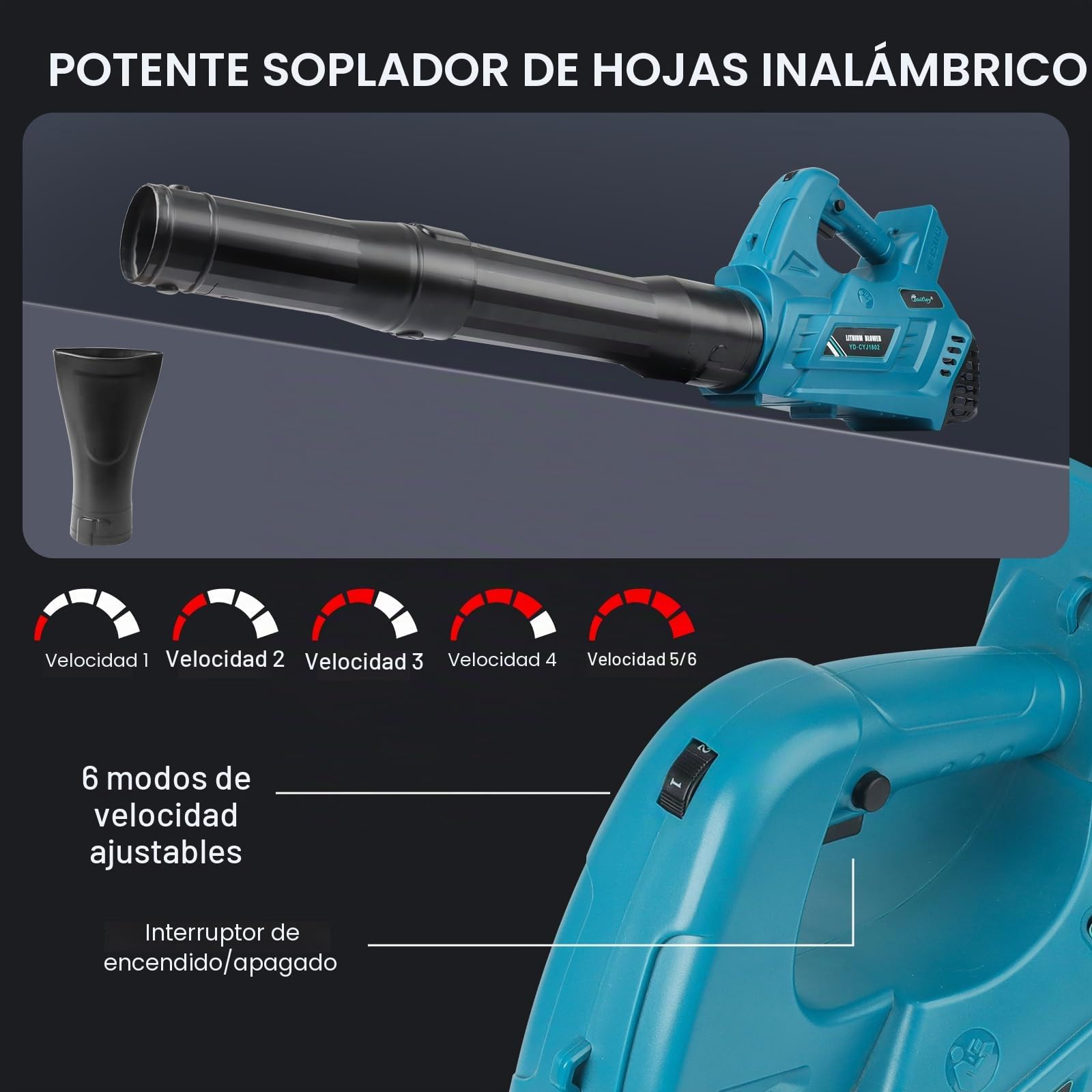 Waitley Soplador para Baterías Makita 18V, 297 km/h, 6 Velocidades | Flujo de aire de hasta 297 km/h, 6 velocidades, tubo desmontable y soporte de pared. Sin batería ni cargador