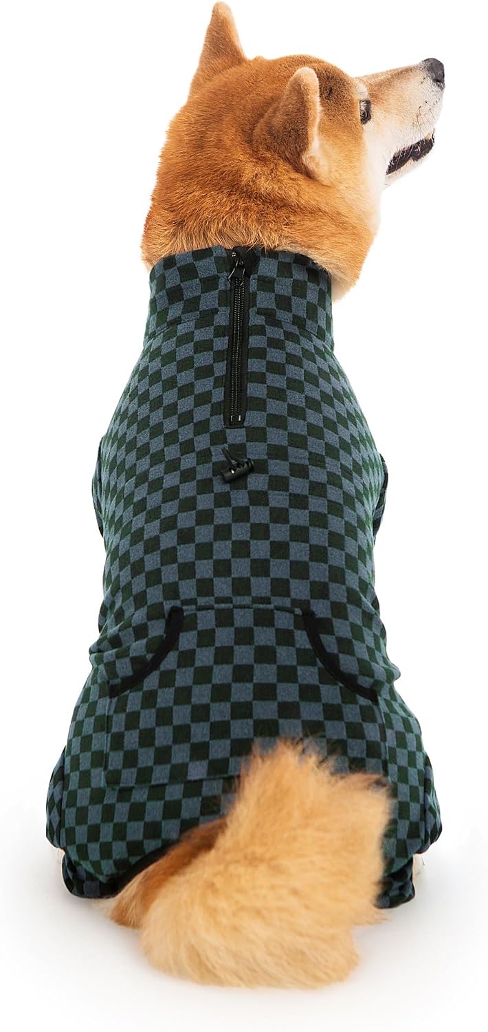 Dog Fleece Onesie for Cold Winter, Stretchy Dog Winter Bodysuit Adjustable Puppies Jumpsuit Doggie Pajamas Pet Clothes, Dark Green, 2X-Large