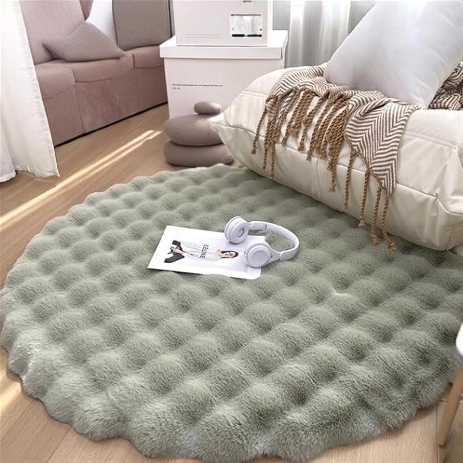 Lifup Round Area Rug, Soft Bedroom Circle Rugs Mats, Fluffy Plush Shaggy Carpet for Living Room Bedroom Kids Room Grey 2.6x2.6 Feet