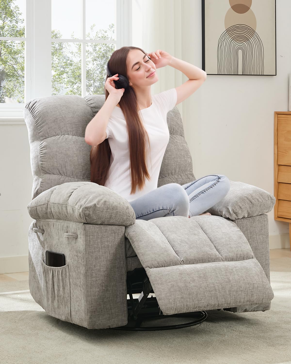 360° Swivel Rocking Recliner Chair – Chenille Fabric, Side Pockets, Holds 300 Lbs