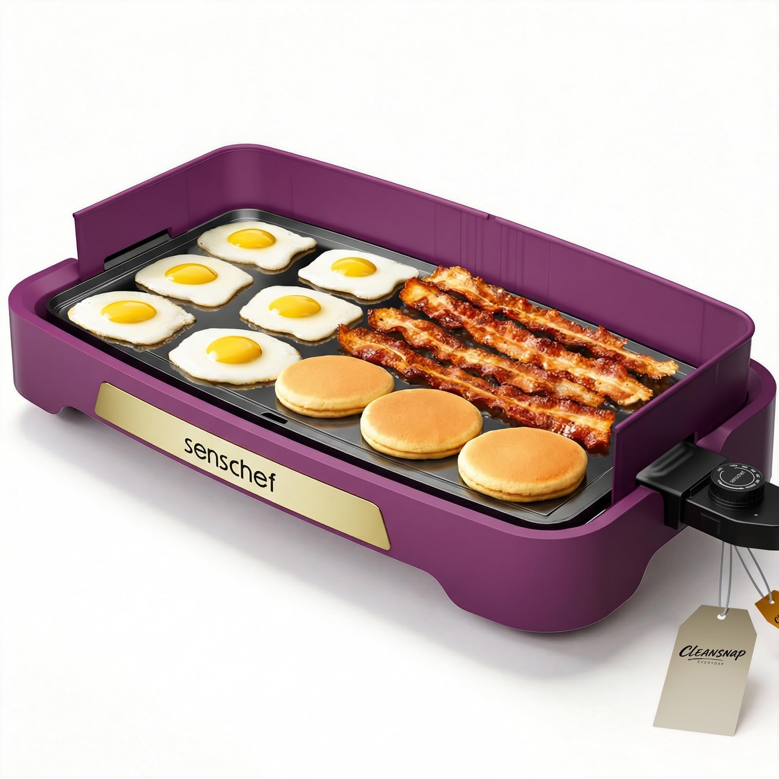 Cleansnap Everyday Electric Griddle, Great Gift for Family Feasts - 20” Nonstick Grill with Foldable Anti-Mess Shield, Rapid 1700W Heat &amp; PPG Ceramic Coating, Dishwasher Safe, Twilight Purple