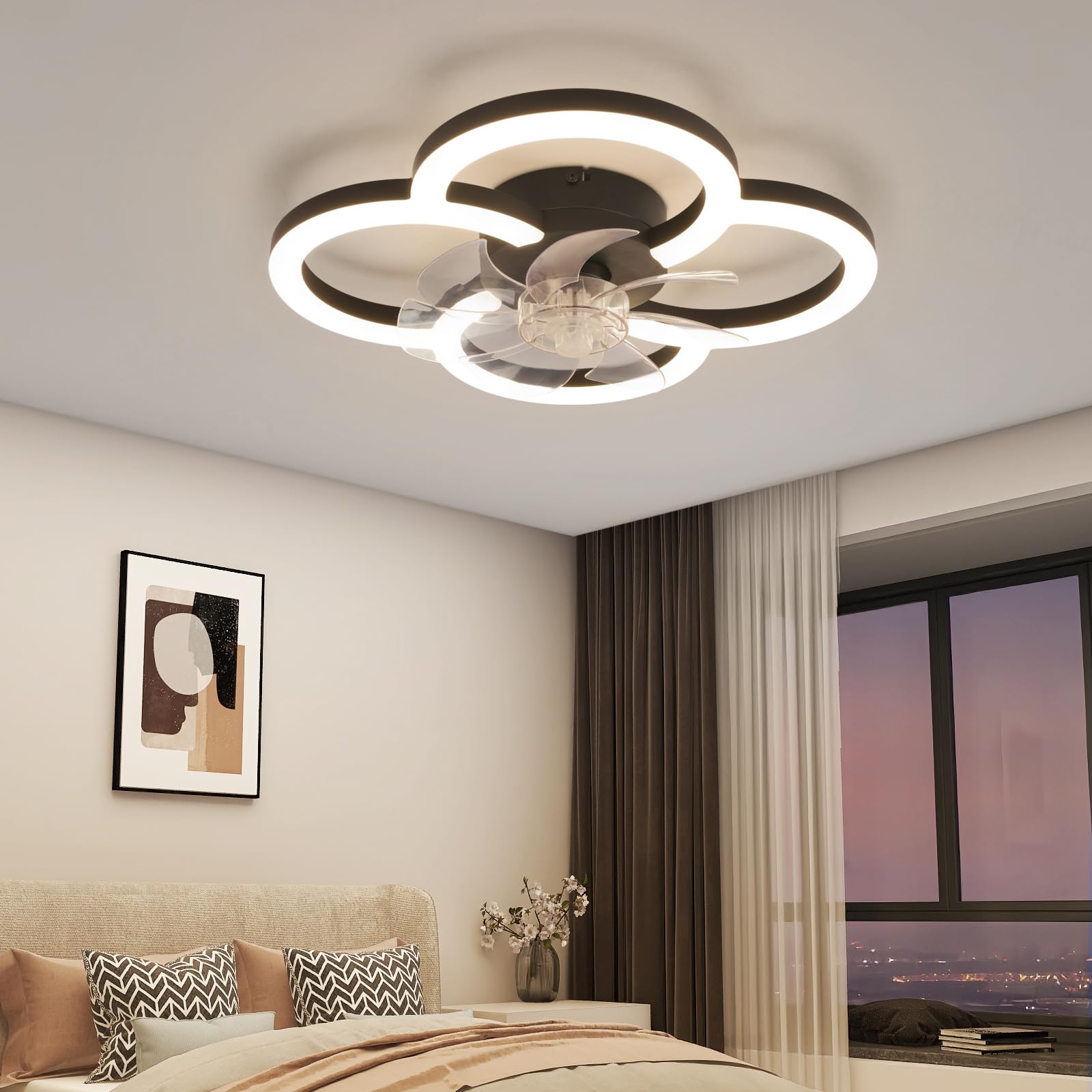 Homefire Wentylator sufitowy LED z oświetleniem – 40 W, cichy, czarny, z pilotem, z regulacją jasności, nowoczesny, z 6-stopniowym timerem, do sypialni