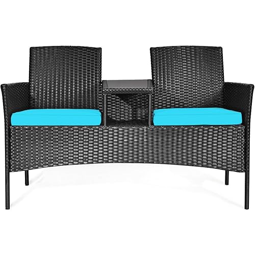 RELAX4LIFE Conversation Furniture Set with Table and Two Removable Cushions Rattan Wicker Chairs and Table Set for Patio,Garden, Baloney and Lawn Outdoor Porch Furniture Sets Loveseat (Black+Blue)