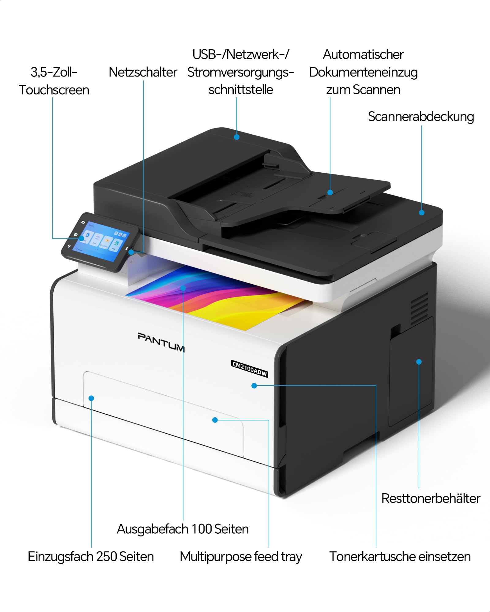 PANTUM CM2100ADW Farblaserdrucker Multifunktionsgerät, Drucker Scanner Kopierer 3in1 mit ADF, WLAN, Ethernet, USB, Automatischer Duplexdruck, 20ppm (Upgrade-Version)