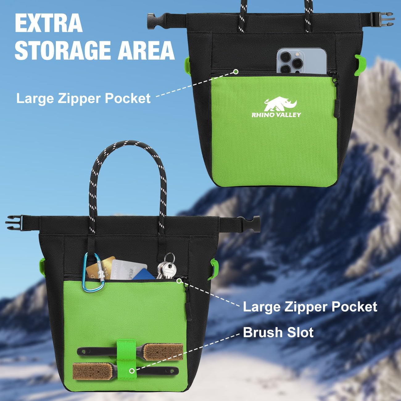 Rhino Valley Torba na Magnezję do Wspinaczki i Boulderingu (Chalk Bag)–Paskiem Regulowanym, Kieszeń na Zamek, Szerokie Otwarcie, Torba na Kredę Boulder, Gimnastyki i Fitness, Czarny/Zielony