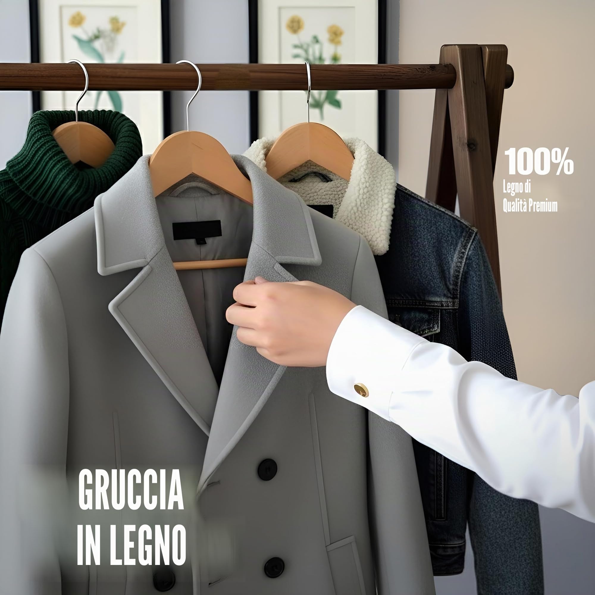 Utopia Home grucce in legno Antiscivolo con barra rotonda per pantaloni e scanalature per le spalle - Grucce durevoli e sottili per cappotto, abito, pantaloni, giacca (Confezione da 20, Naturale)