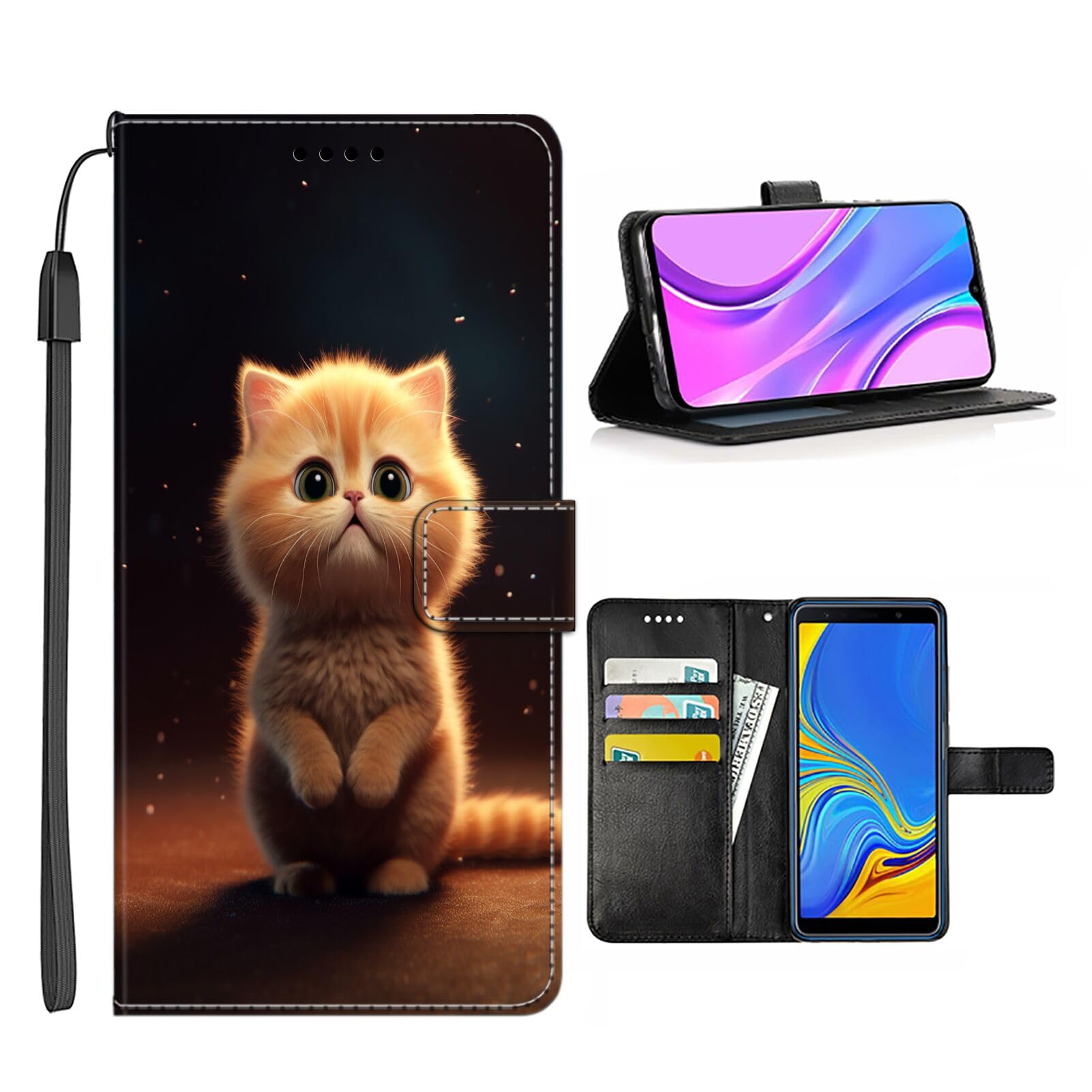 Wallet Case Suitable for LG K52/K62 with Cute Cat Designer Art0001 Pattern, Kickstand with Wrist Strap Multifunction Smartphone Folio Lanyard Case