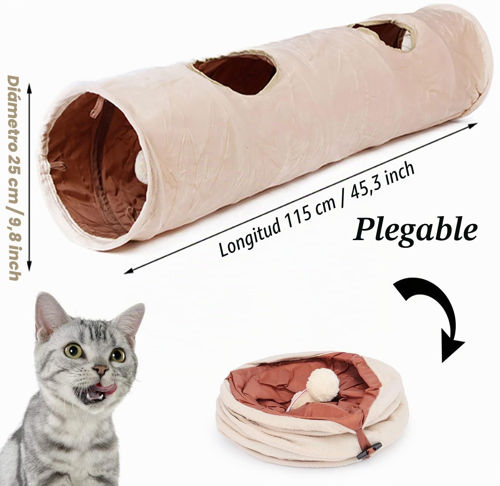LeerKing Túnel para Gatos Juguete Plegable Silencioso con 2 Agujeros para Gatitos Conejos Cachorros Beige Longitud 115 cm * Diámetro 25 cm