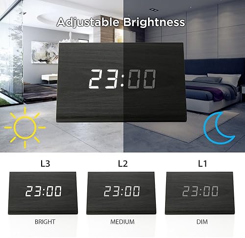 Miniatura 10 de OCT17 Reloj de madera de madera, nueva versión LED, reloj de escritorio digital, brillo ajustable, hora de alarma, muestra la hora, fecha,