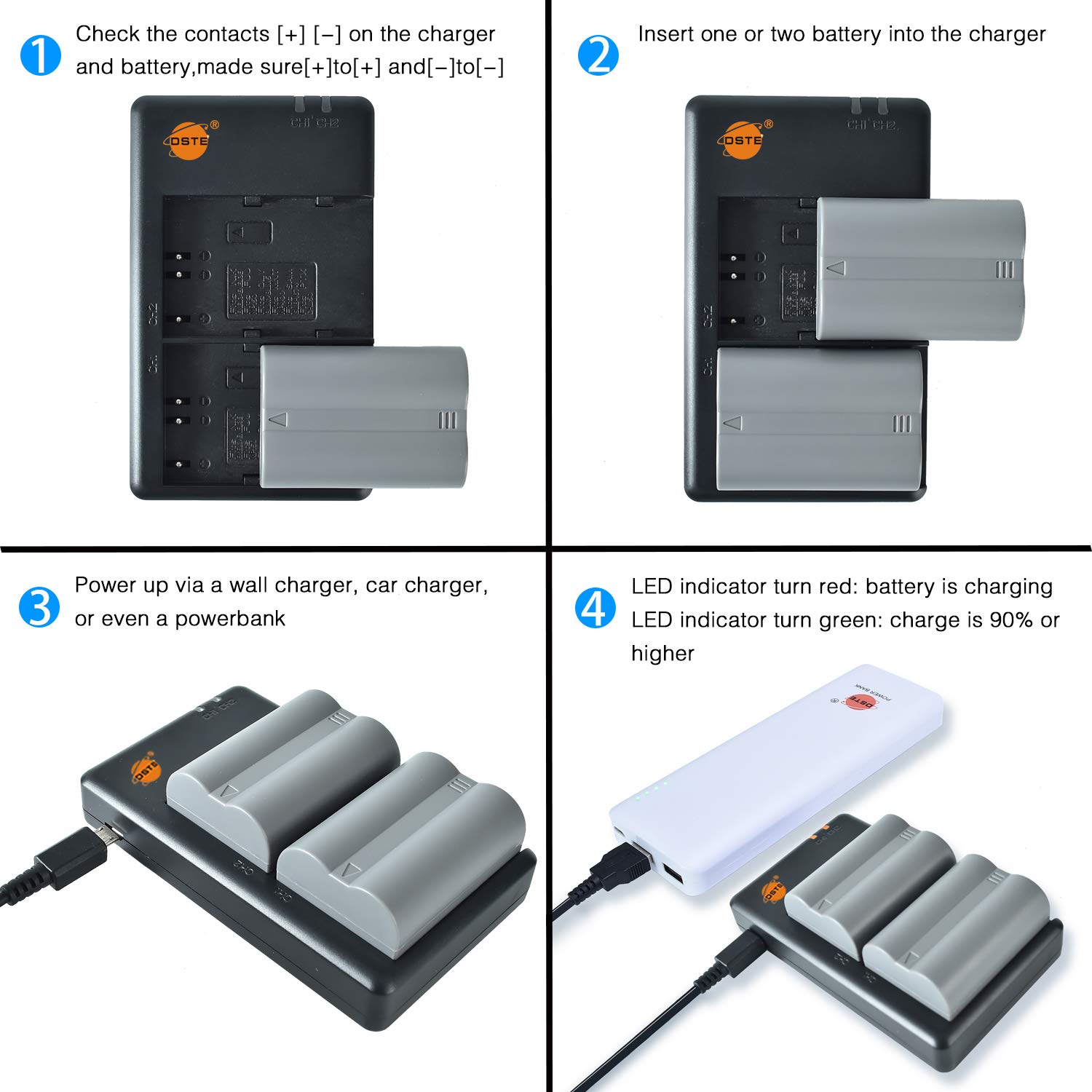 DSTE 2 Batteries EN-EL3E + Chargeur Double USB Compatible Nikon D300 D700 D90