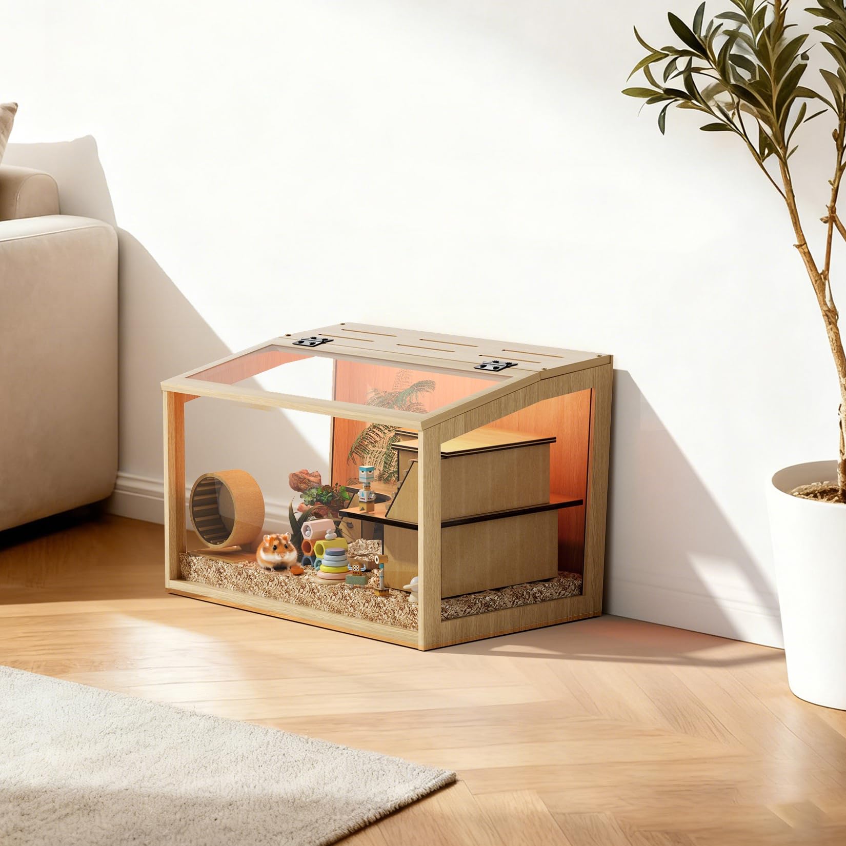 BingoPaw Gabbia per Criceti 60x40x40cm: Legno e Vetro temperato Trasparente con Luce, Gabbia Roditori Piccoli Animali Domestici, Solo Casetta Nessun Giocattolo Interno o Accessorio