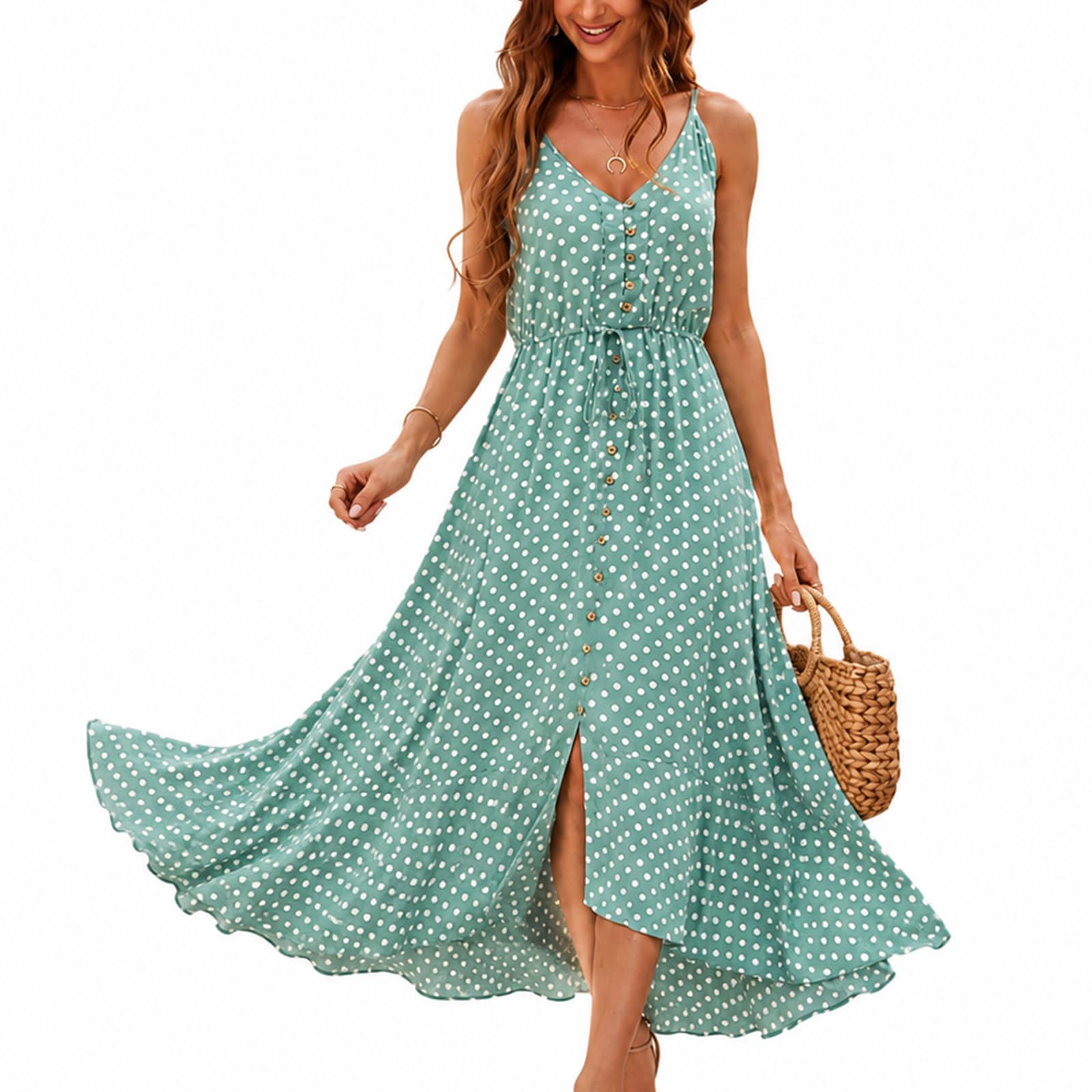 BROVAVE Sommerkleid für Damen, Bohème-Stil, gepunktet, Spaghettiträger, V-Ausschnitt, fließendes Midi Kleid