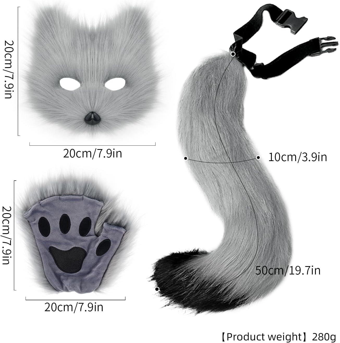 Furry Fox Cat Mask Wolf Tail and Fingerless Faux Fur Paw Gloves Set for Women Halloween Costume Accessories