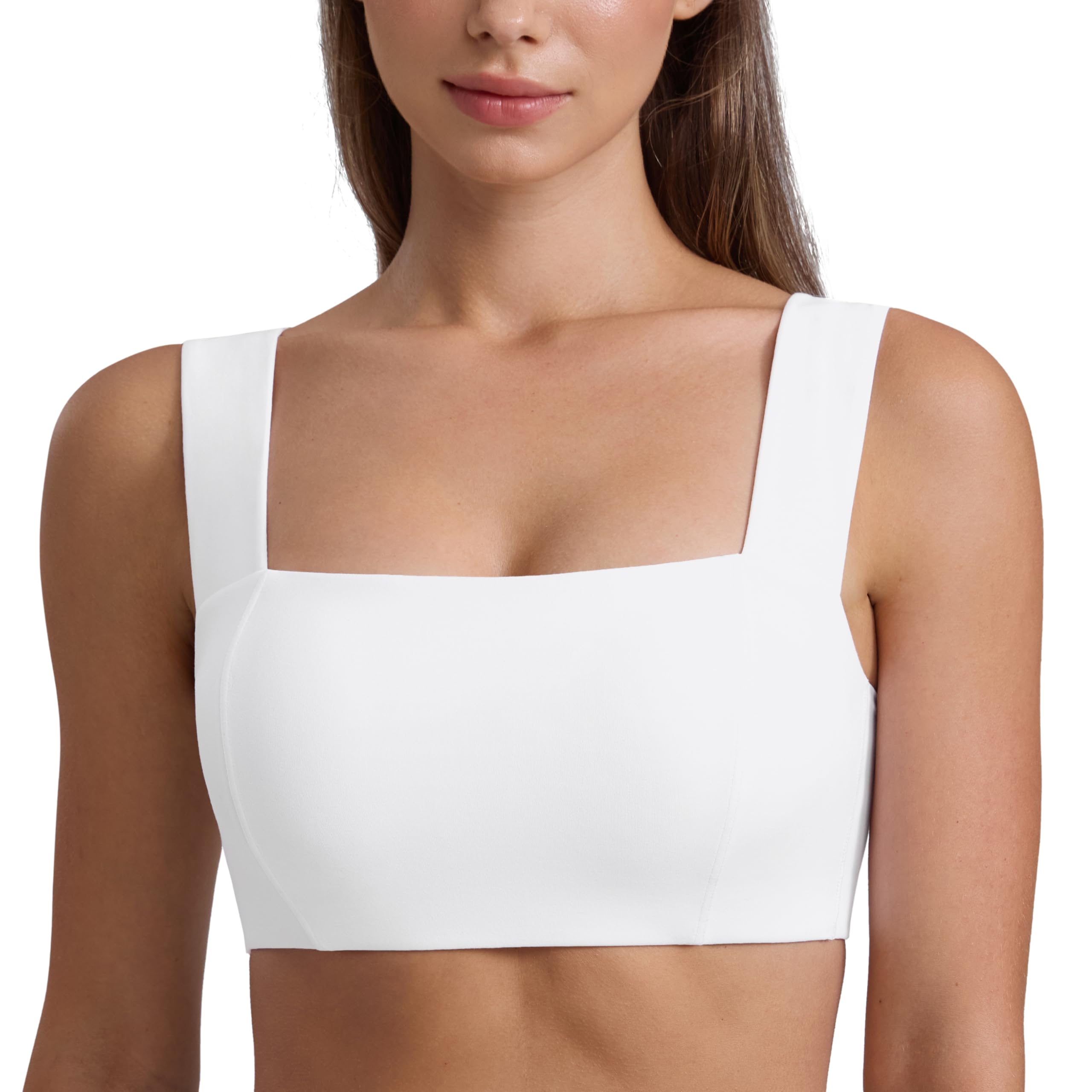 CRZ YOGA Butterluxe Wide Straps Sports Bras for Women - Square Neck Padded Open Back Camisole Yoga Crop Top