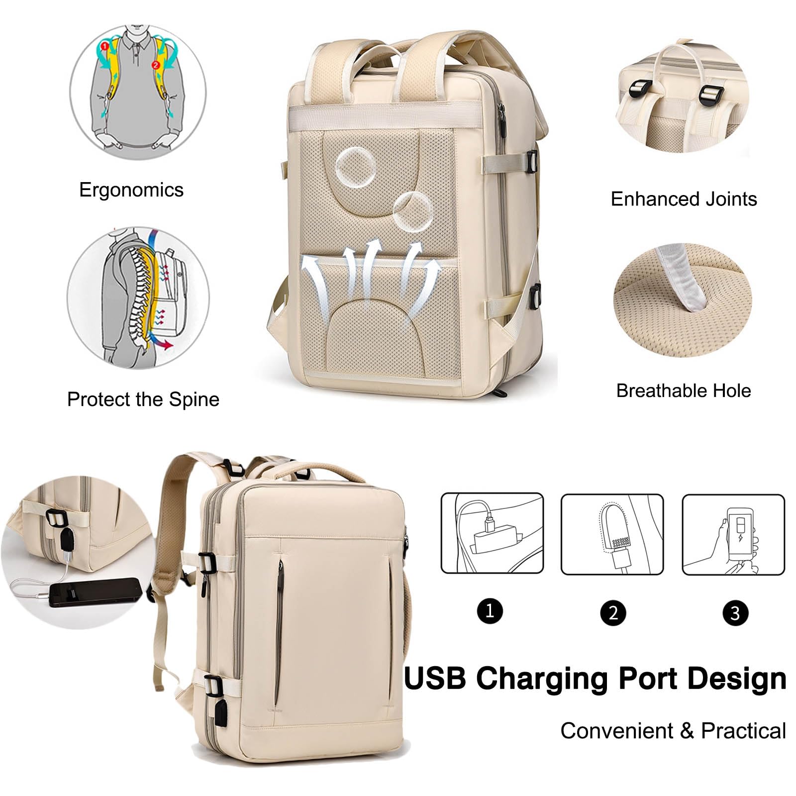 FANDARE Mochila Viaje Expandible 24-42L Equipaje de Mano Bolsa de Viaje para Mujer Hombre Laptop Bolso de Mano con USB Bolsa de Mano Mochila Viaje Cabina Avion Bolsos para Negocio Trabajo Blanco
