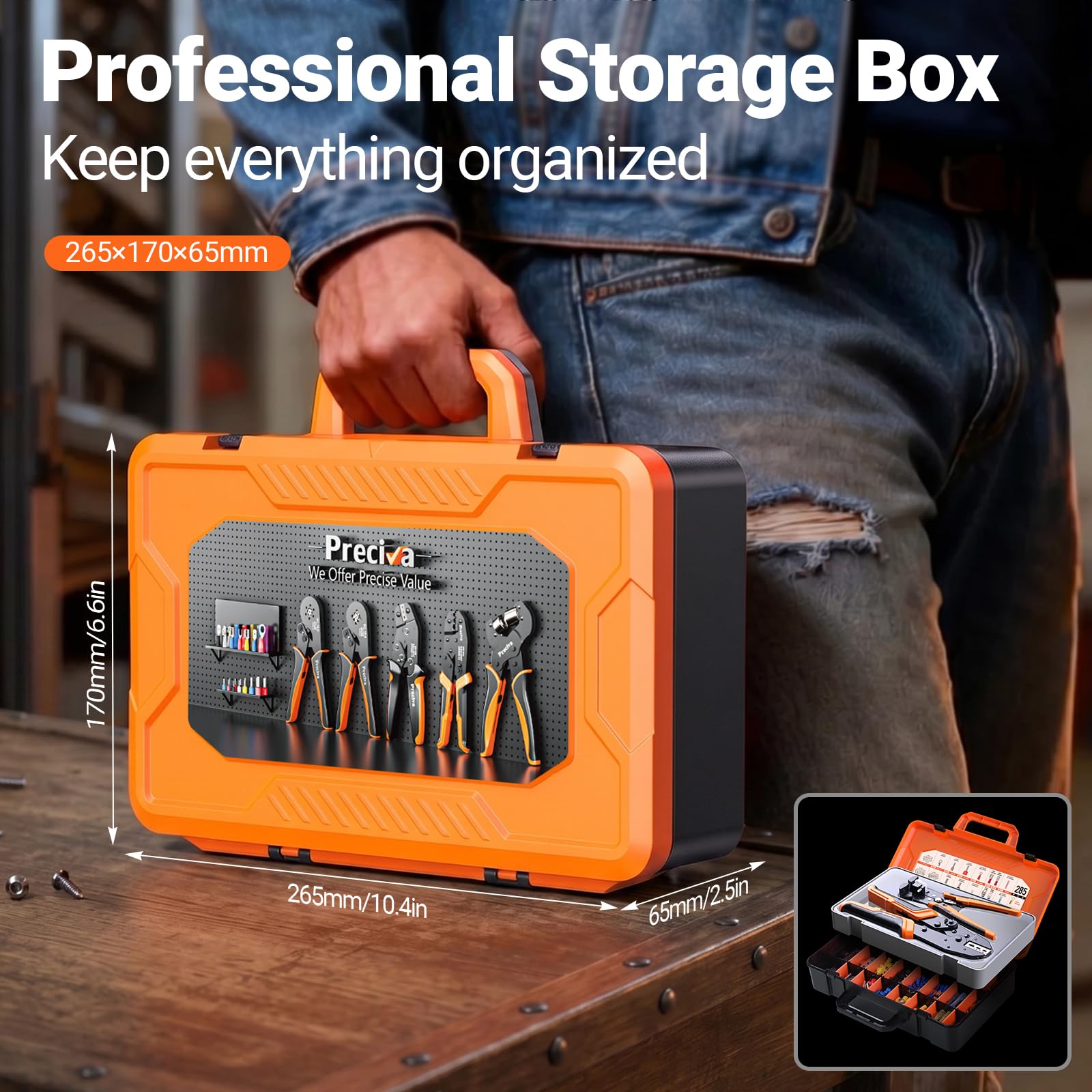 Preciva Kit d'Outils de Sertissage avec Dénudeur de Fils & 285 Cosses, 6 Mâchoires Interchangeables Pince à Sertir à Cliquet en Coffret, 0.25-10mm²(AWG 24-8) pour Travaux Domestiques, Automobiles