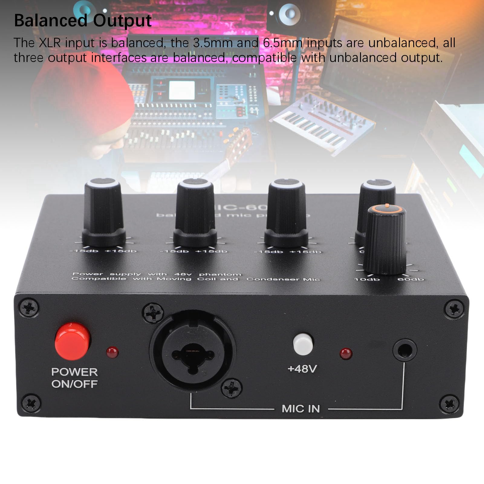 Domary High-Gain Microphone Preamp with 48V Phantom Power for Musicians and