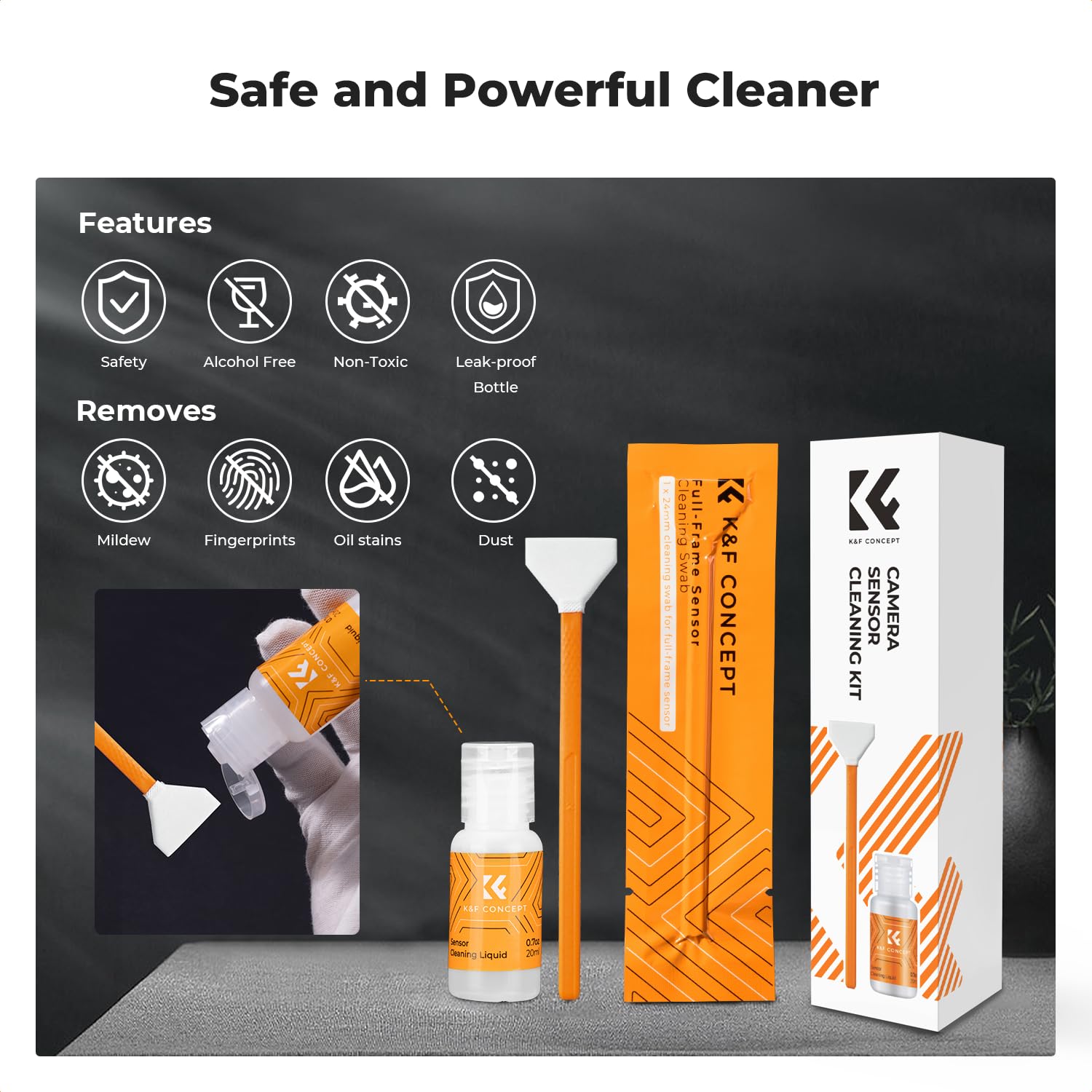 K&F CONCEPT Sensor Reinigungsset mit 6pcs Mikrofaser Swabs 24mm für Vollformat-Kameras und 20ml Flüssig-Reiniger Reinigungs Kit für DSLR Kamera Objektive Filter