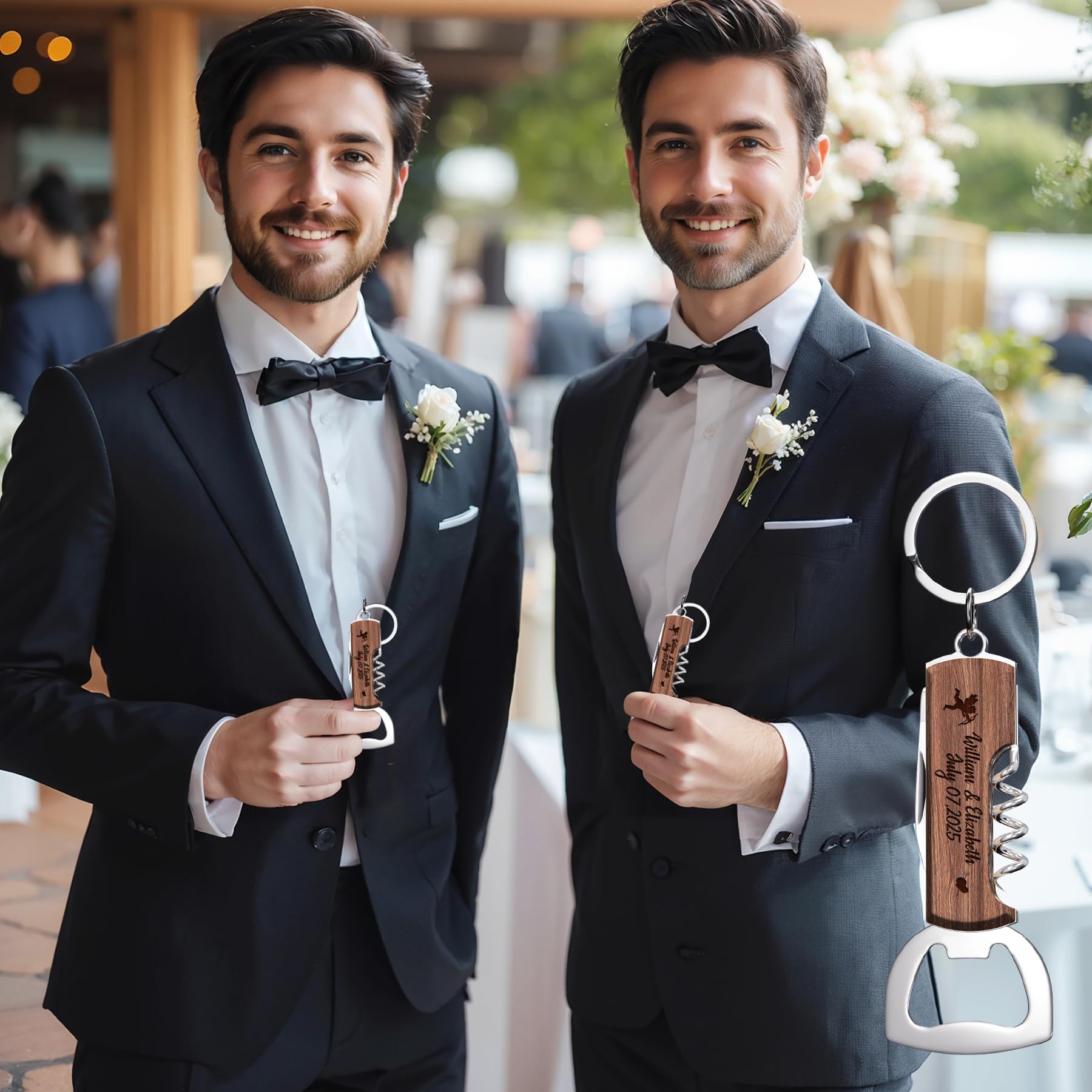 60 Pezzi Apri Bottiglie in Palissandro Personalizzato Multifunzionale, Bomboniere Regalo per Matrimoni e Feste di Compleanno, Portachiavi Apribottiglie Incisi per Ospiti