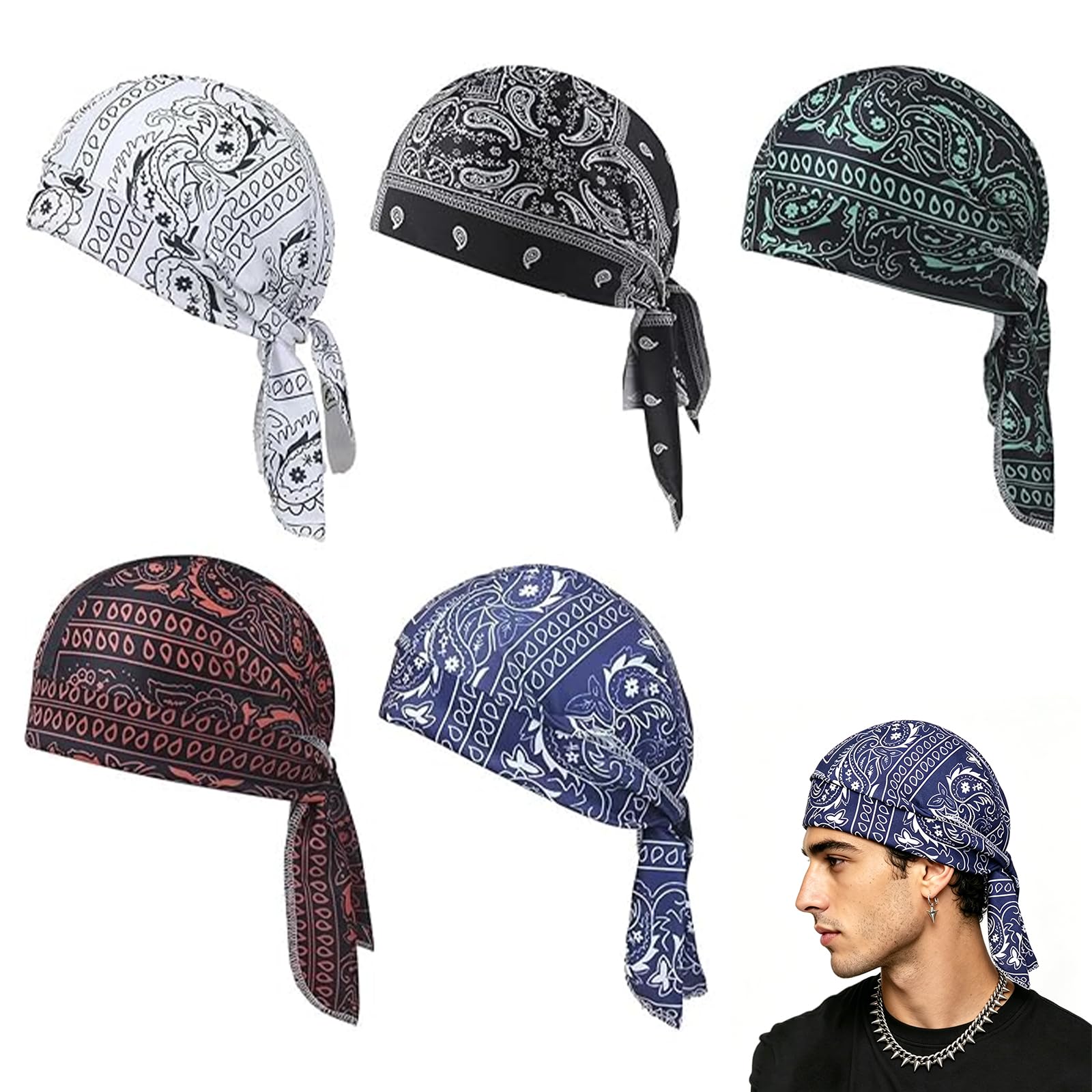 5 Stück Kühlendes Kopftuch Bandana,Paisley -Cooling Headscarf Cap,Elastische Passform 55-60cm,Kühlendes Bandana Kopftuch,Paisley-Muster,Vielseitiger Kopfwickel für Sommer, Sport, Laufen, Reiten