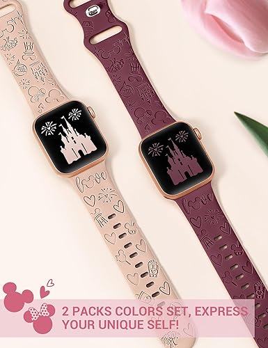 Miniatura 2 de Paquete de 2 correas de silicona suave grabadas con dibujos animados compatibles con Apple Watch de 414038424544461.929 in, correa de diseñador de