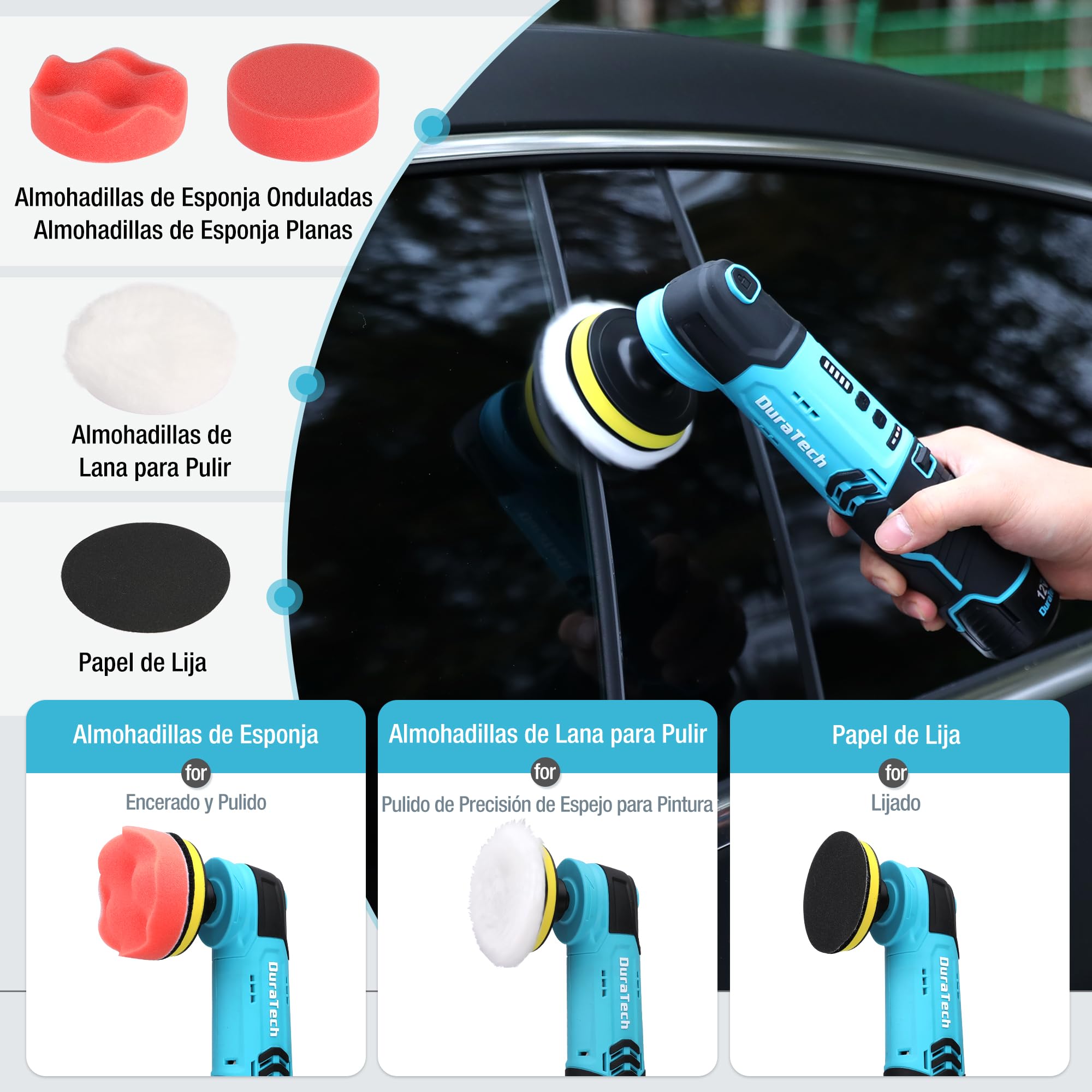 DURATECH Pulidora Inalámbrica 12 V, Pulidora a Batería, Mini Pulidora 3000 RPM, Pulidora Orbital con Platos de 50 mm y 80 mm, Accesorios y Bolsa de Almacenamiento para Coche, Muebles y Metal