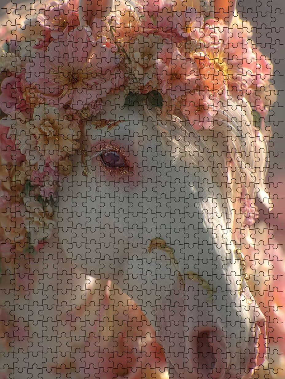 Białe kwiaty konia Puzzle 1000 sztuk, puzzle dla dorosłych 1000, niemożliwe klasyczne układanki, gra rodzinna, drewniane układanki, do gry edukacyjnej wyzwanie, dekoracja ścienna prezent FNKL5-17