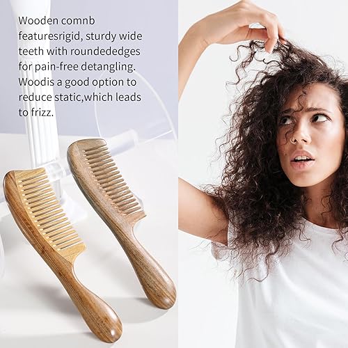 Miniatura 4 de Peine de pelo de sándalo verde natural, calidad premium, antiestático, desenredante natural, mango redondo grueso, para la salud del cabello