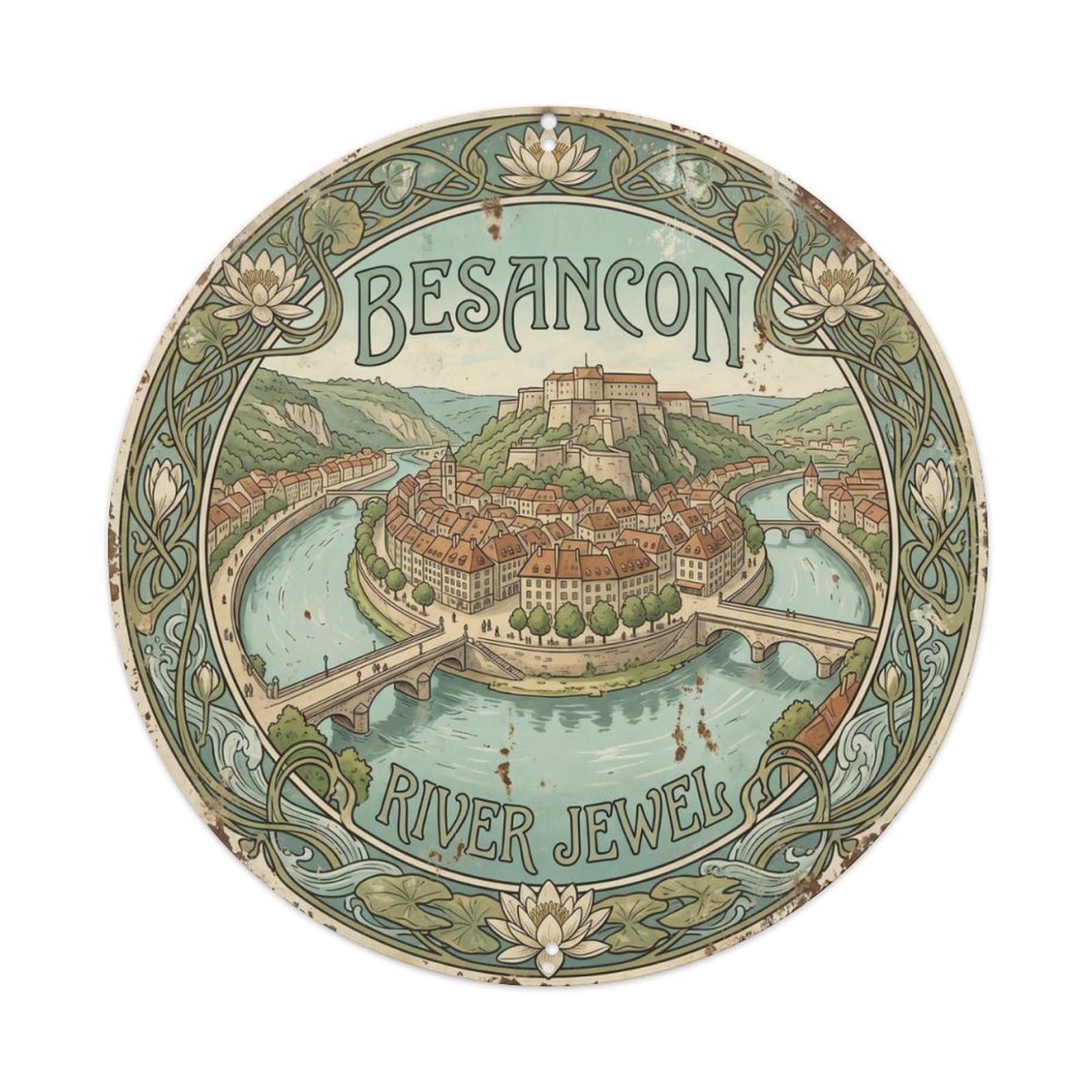 Fqcyn Style Vintage Travel Besancon France River Metal Tin Sign Plaque Wall Decor For Cafe, Club Bar, Office, Home Garden Round Metal Poster 8X8inch