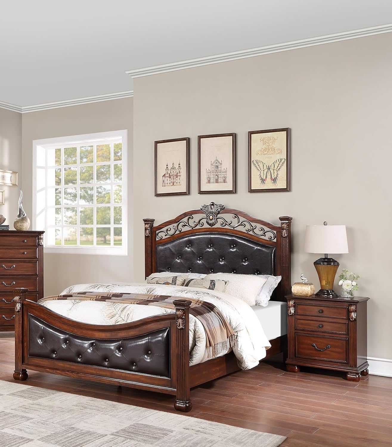 Generic 1pc California King Size Bed Traditional Formal Style Dark Cherry Faux Leather Tufted Headboard Footboard Bedroom Furniture