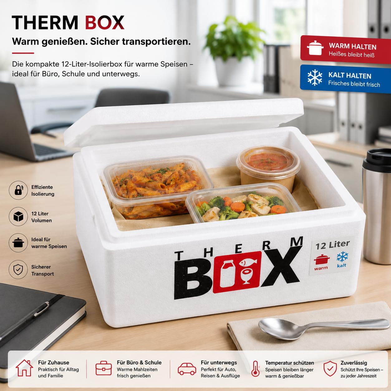 THERM BOX Scatola di polistirolo Thermobox per alimenti e bevande - Scaldabagno e refrigeratore in polistirolo (40x30x21cm - 12,24L volume) Riutilizzabile