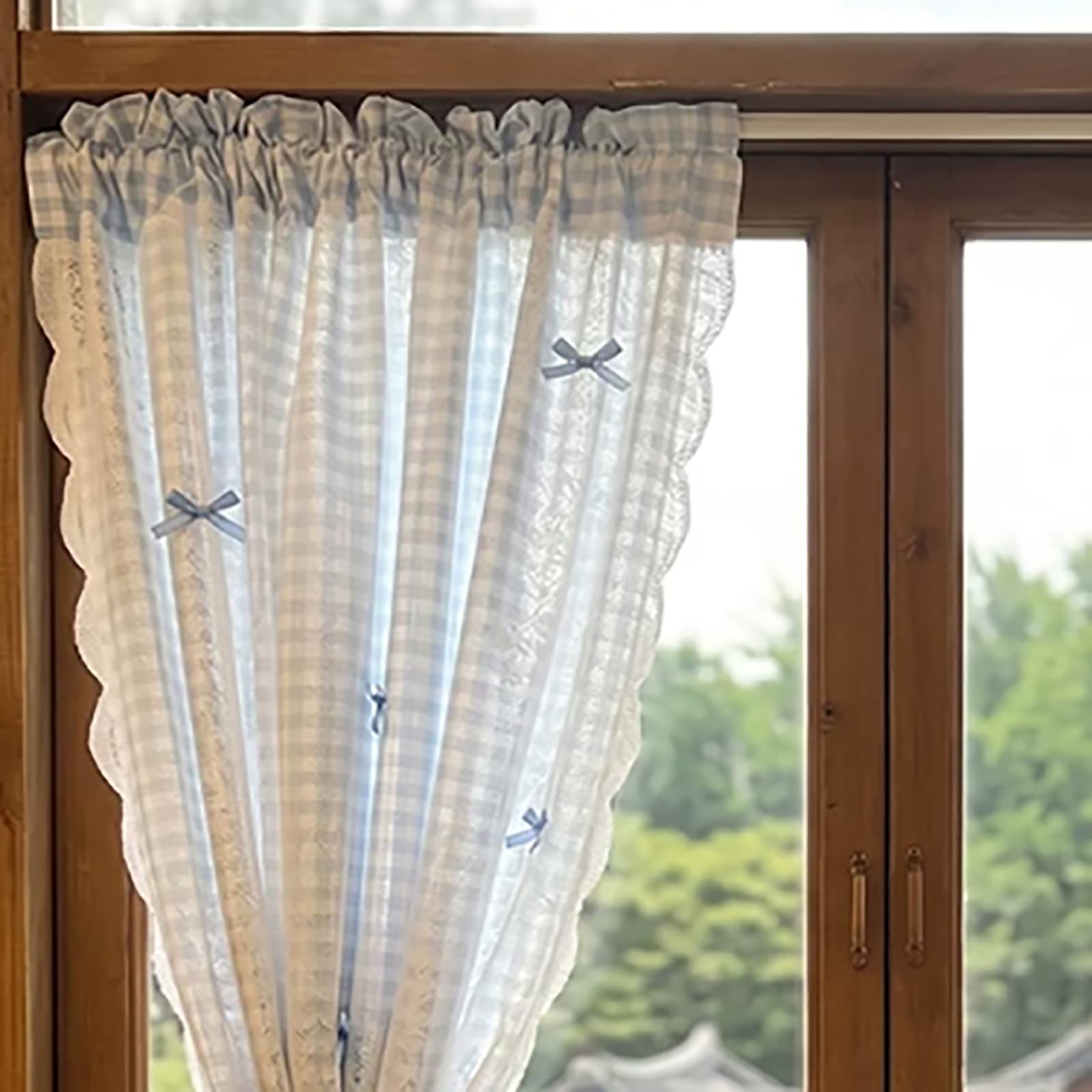 Generico Tenda Quadretti Morbida, Tende in Tulle a Doppio Strato con Lacci,Set da 2,A,W*H:200x150cm/79x59″