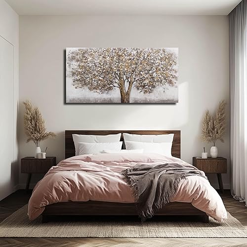 Miniatura 3 de CHUDANHAO Pósteres artísticos grises para decoración de pared de árbol grande para oficina, arte de pared dorado y blanco, pintura botánica para