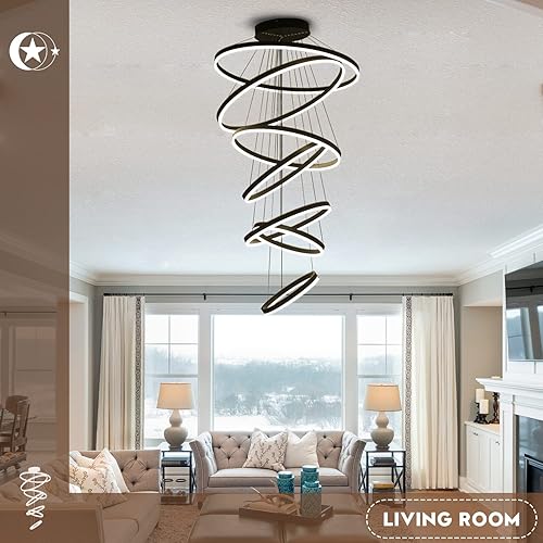 Miniatura 8 de XGZL  LIGHTING Candelabro LED moderno de 7 anillos D31.5 pulgadas, color negro, grande, contemporáneo, para escalera, lámparas regulables de techo