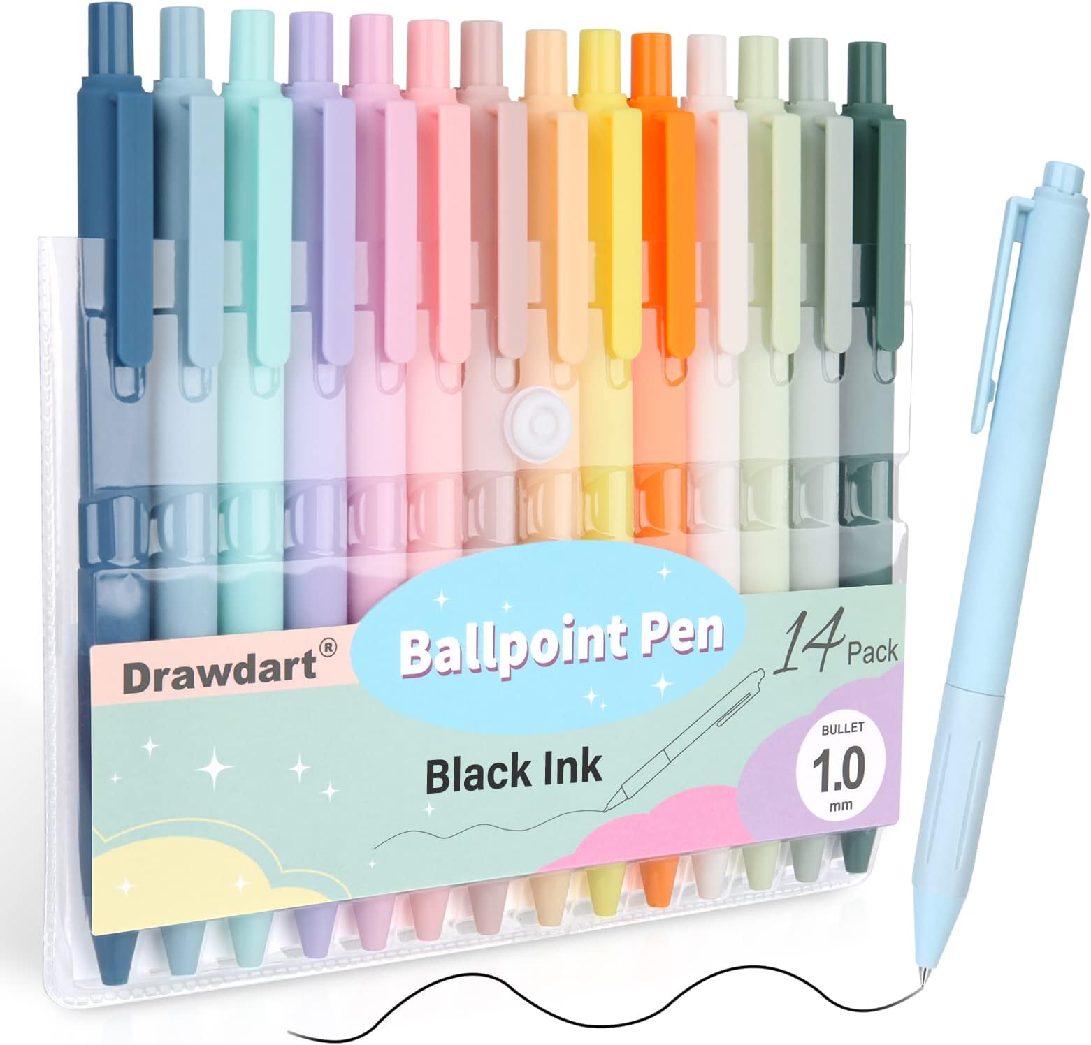 Drawdart 14-Pack Ballpoint Pens, Medium 1.0mm Black Ink Cute Pastel Office Pen, Retractable - For Smooth Writing, Note Taking and Journaling