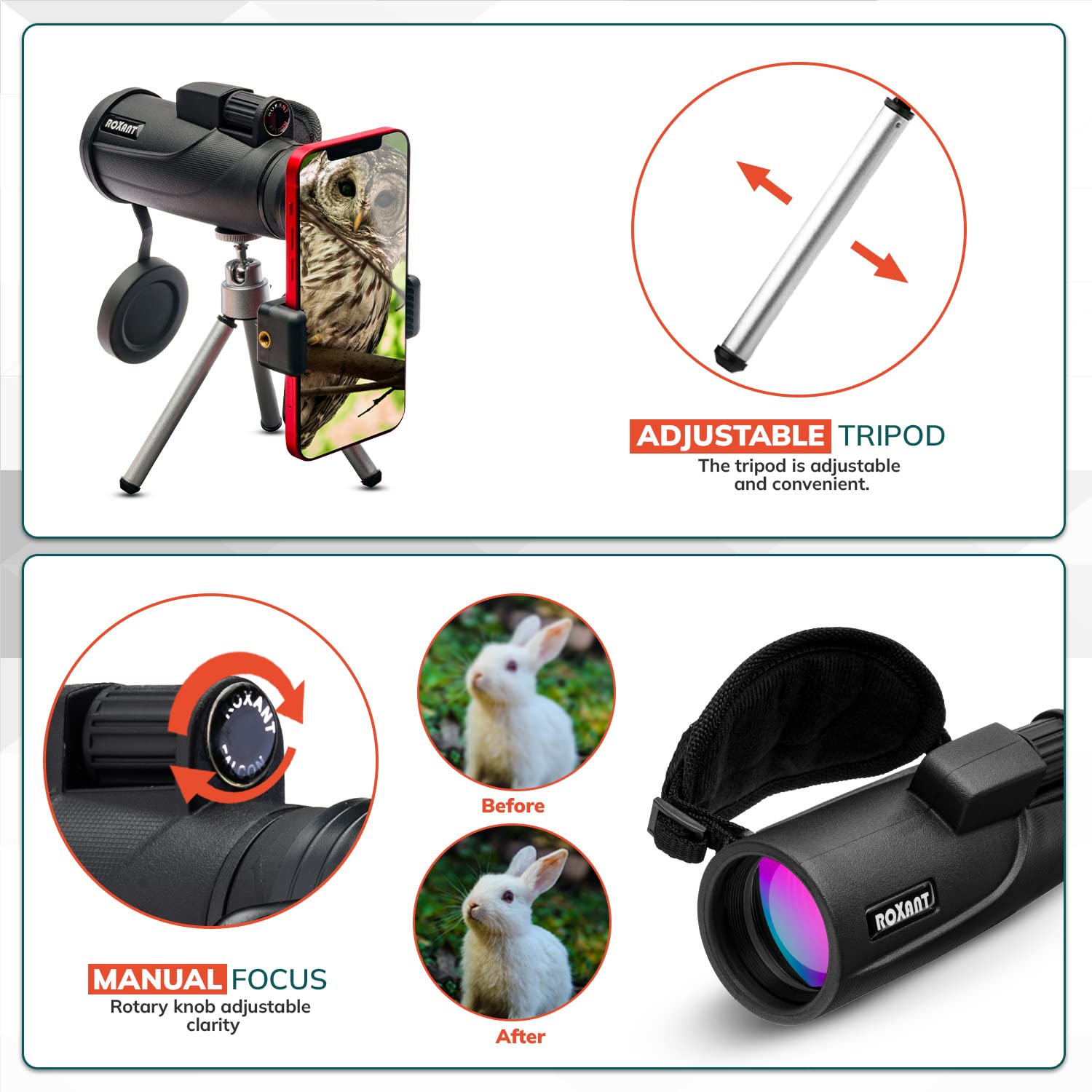 Roxant Falcon - Telescopio monoculare per smartphone, 10 x 42, ad alta definizione, BAK4, mirino per messa a fuoco prismatica, monoculare per adulti, include monocolo, adattatore per telefono, mini